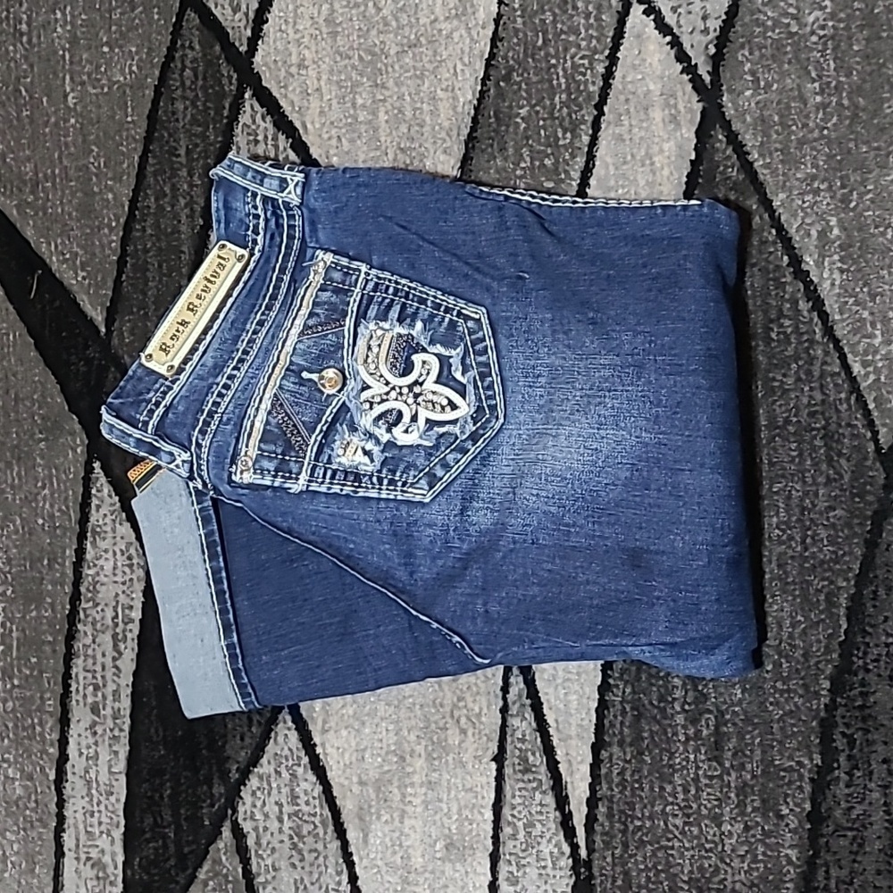 ROCK REVIVAL BORIS EASY-FIT CROP METALLIC EMBROIDERED RHINESTONES DENIM …